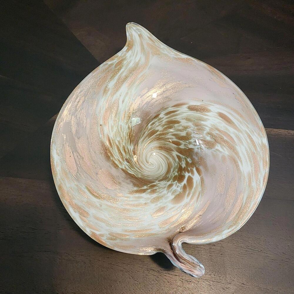 Flawless Murano Italian White Adventurine Copper Flecked Dish 11" X 8.5" x 3